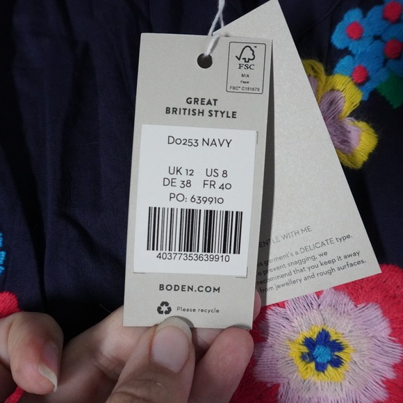 Boden Navy Blue Embroidered Floral Maxi Dress UK 12 US 8 NWT Beach Summer Kaftan - Picture 7 of 12